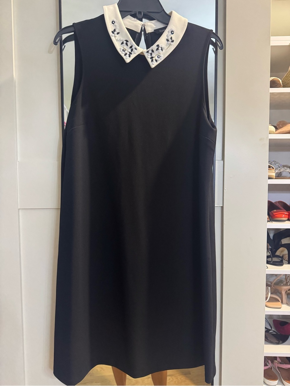 Ivanka Trump Black Sleeveless Shift Dress with Embellished White Collar
